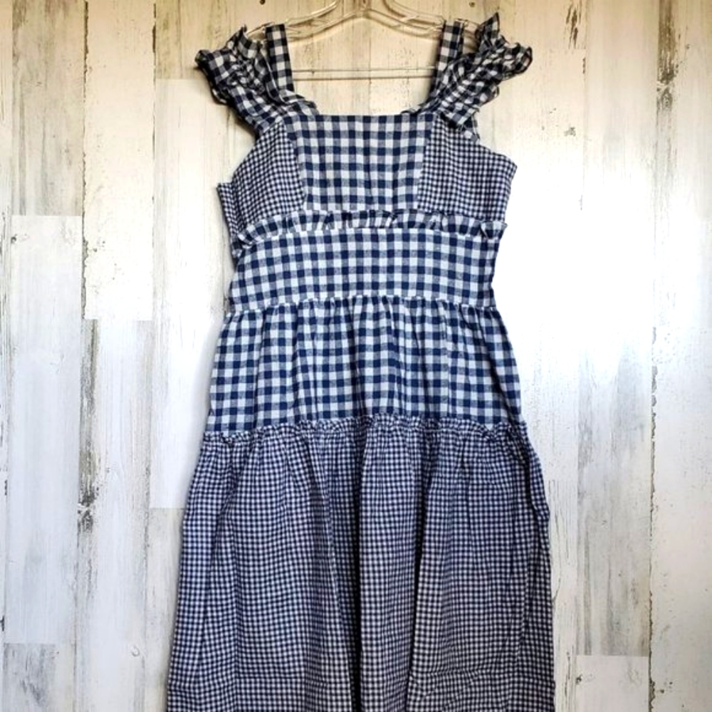 POL Clothing Woven gingham midi dress with cold shoulder ruffle